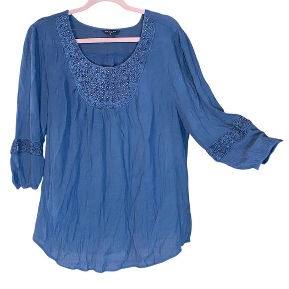 Hannah Plus 2X Blue Boho Embroidered Peasant Blouse bead detail cottagecore - Picture 1 of 6